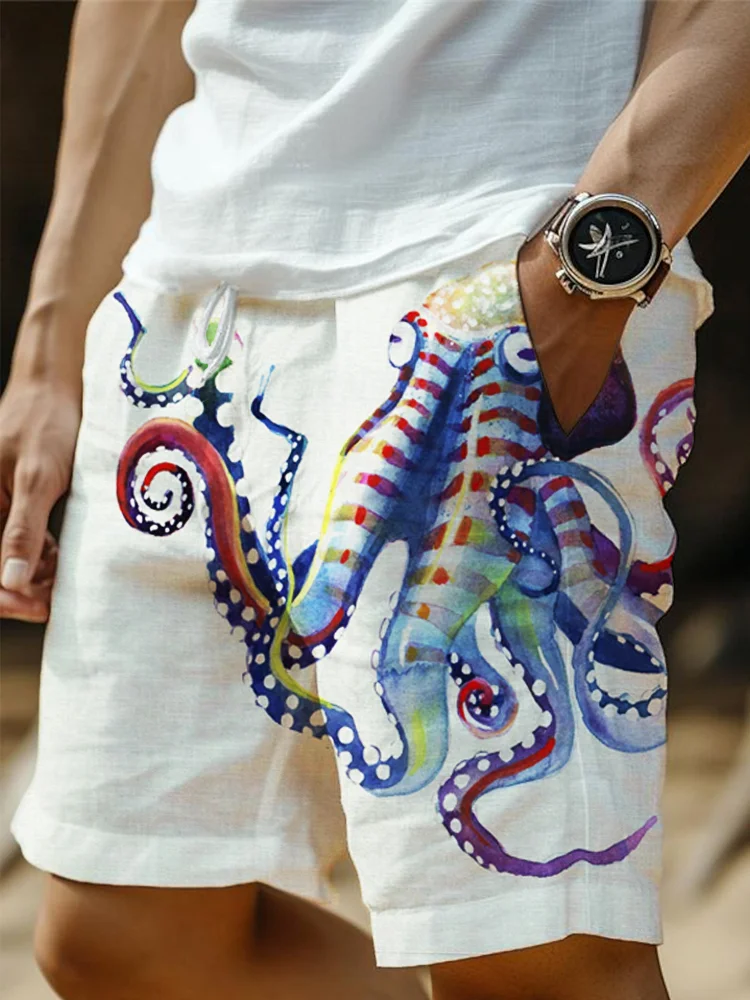 Colorful Octopus Ocean Art Print Linen Men's Shorts