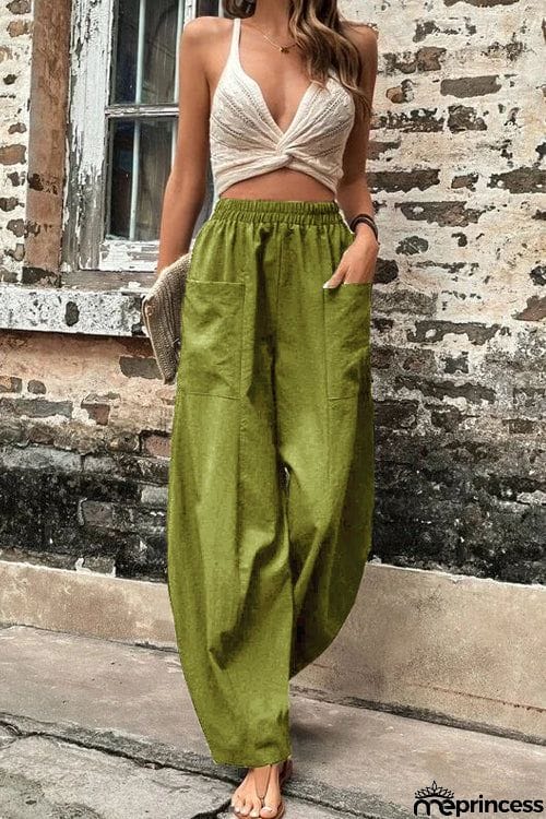 Resort Casual Elastic Waist Loose Trousers
