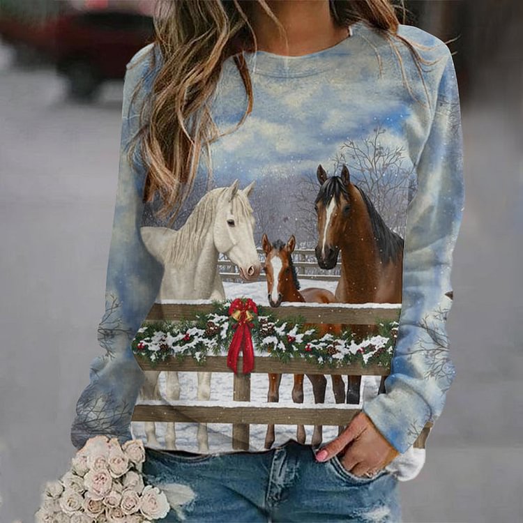 VChics Christmas Horse Animal Print Long Sleeve Sweatshirt