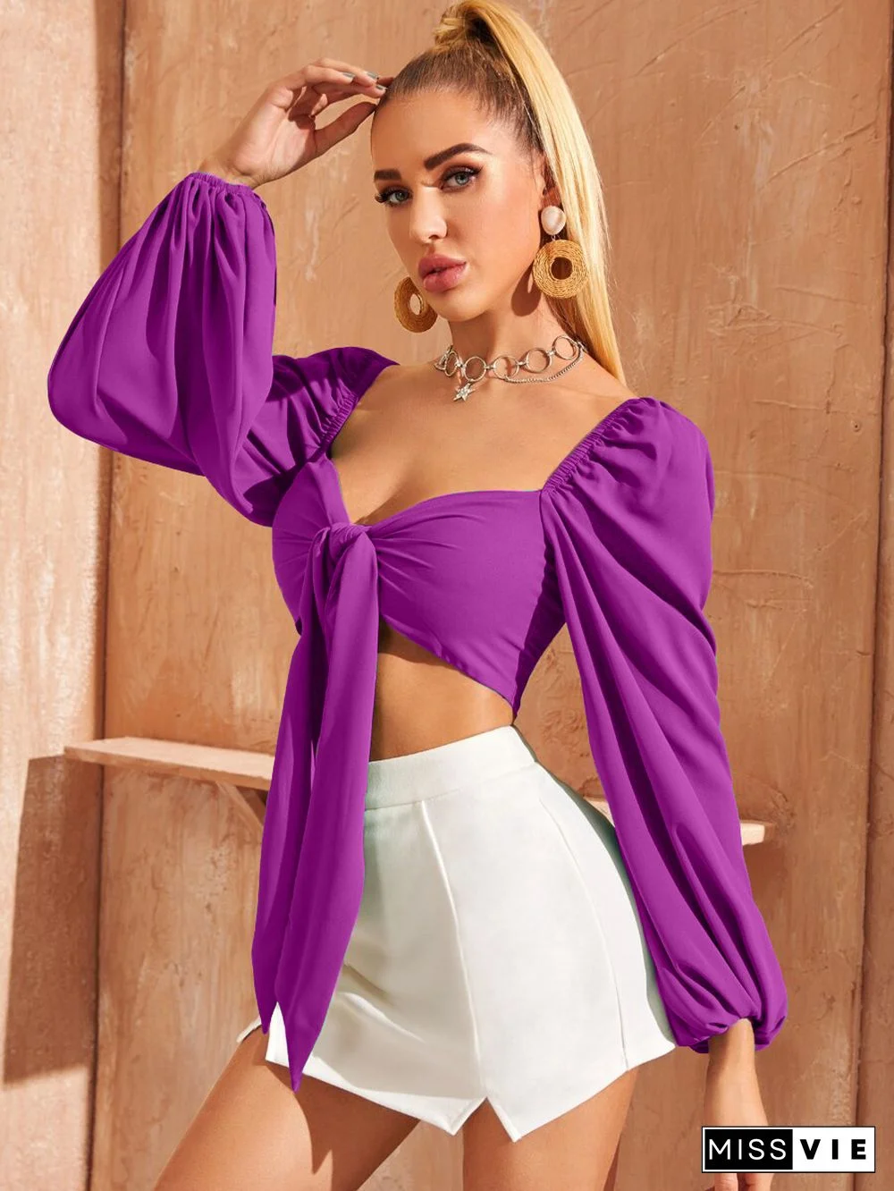 Solid Puff Long Sleeve Lace Up Shirts Crop Tops
