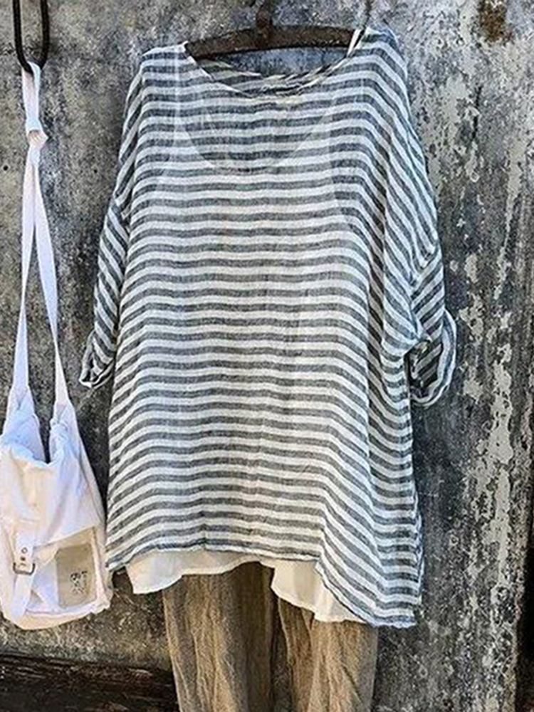 Comstylish Women's Vintage Stripes Cotton Linen Casual Shirt