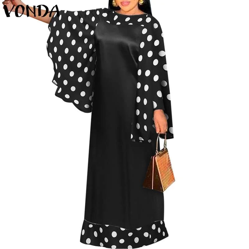 Kaftan Dress Women Vintage Polka Dot Party Maxi Long Dress 2022 VONDA Casual Robe Femme Office Ladies Sundress Vestidos Feminina