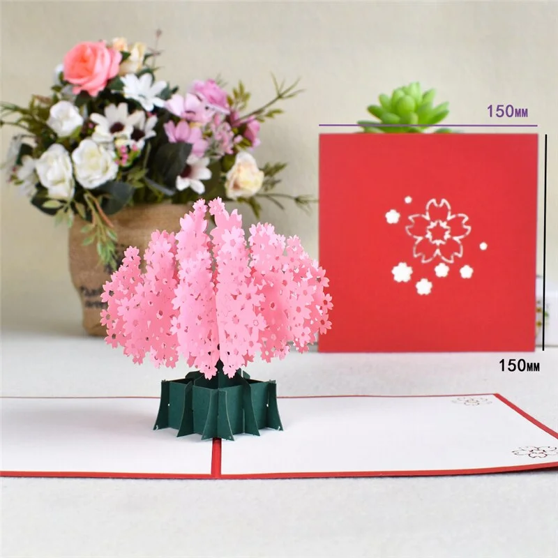 3D Cherry Tree Pop-Up Flower Cards for Mothers Day Birthday Gift with Envelope Sakura Greeting Card Postcards