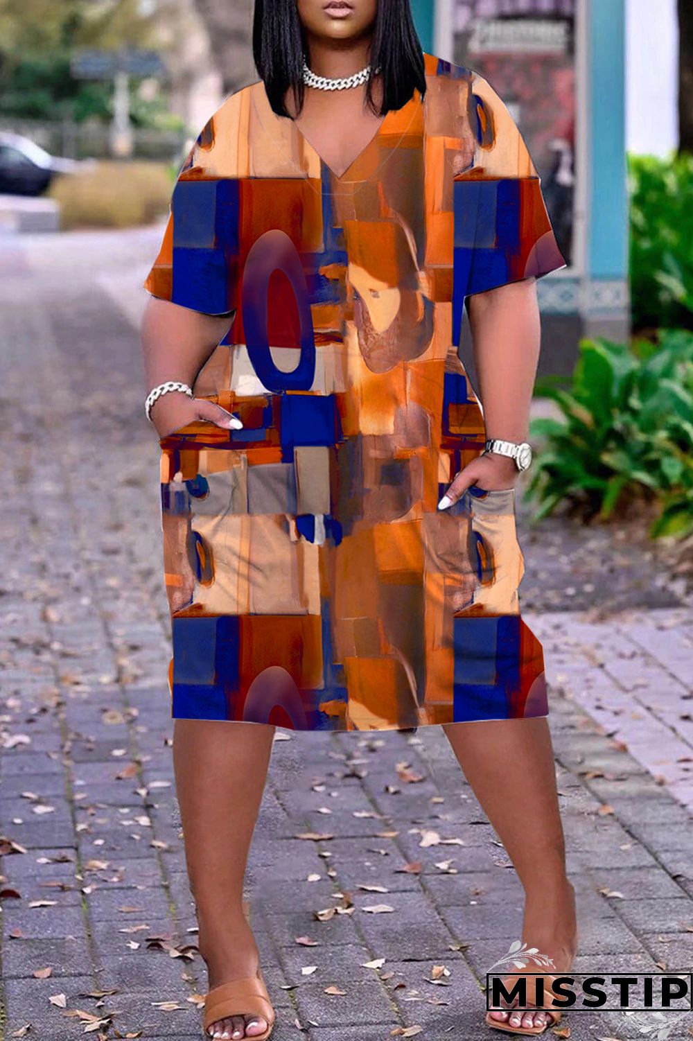 Black Orange Casual Print Basic V Neck Short Sleeve Dress