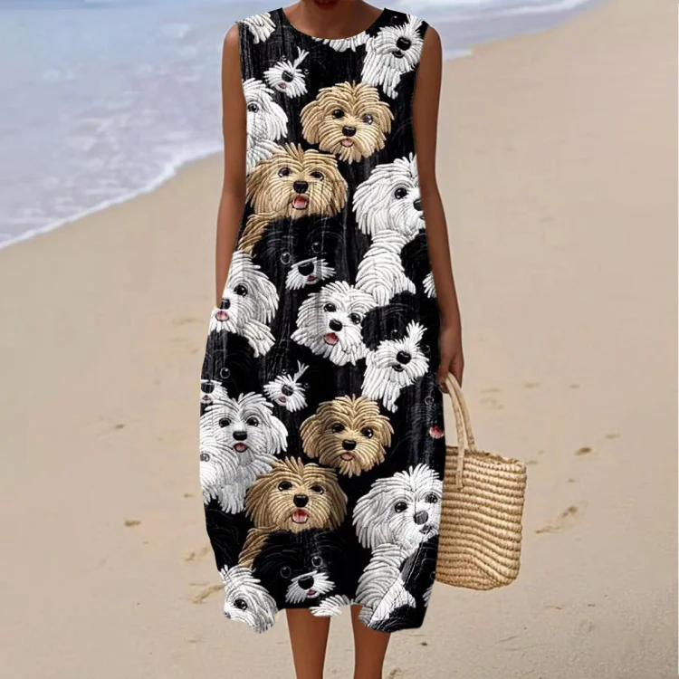 Women's Vintage Dog Print Sleeveless Cotton Dress