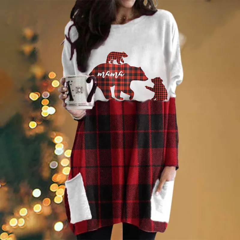 Christmas Mama Bear Print Long Sleeves Plaid Blouse