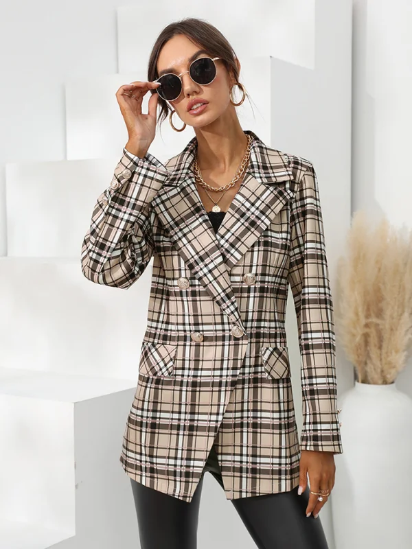 Women's plaid print long sleeve lapel blazer Flusfy