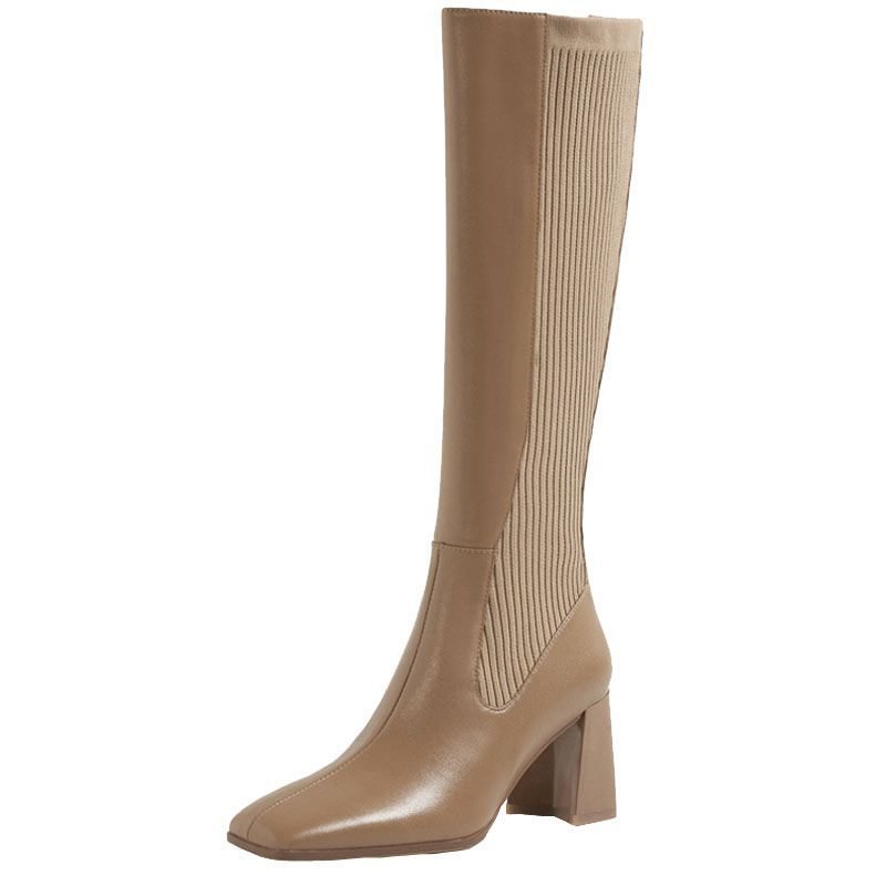Women's Over the Knee Square Toe Leather Skinny Stretch Boots Elastic Rear Zipper Chunky Heel High Heel Boots Novameme