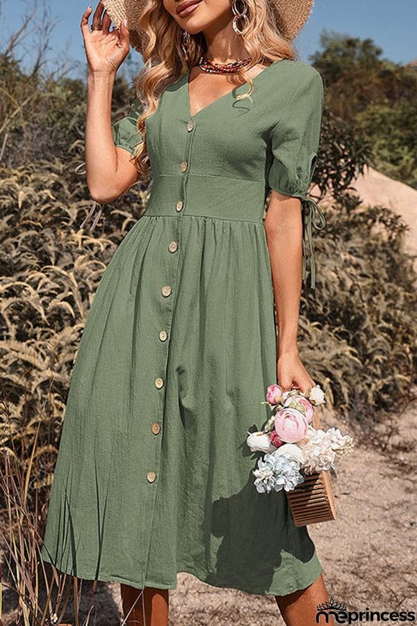 Short-sleeved v-neck solid color cotton and linen dress