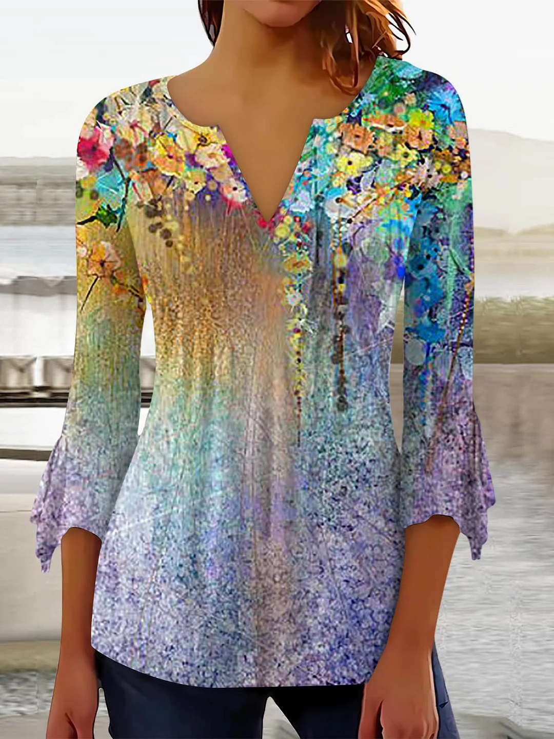 Women's Graphic Pattern Solid Color V-Neck 3/4 Sleeve Top