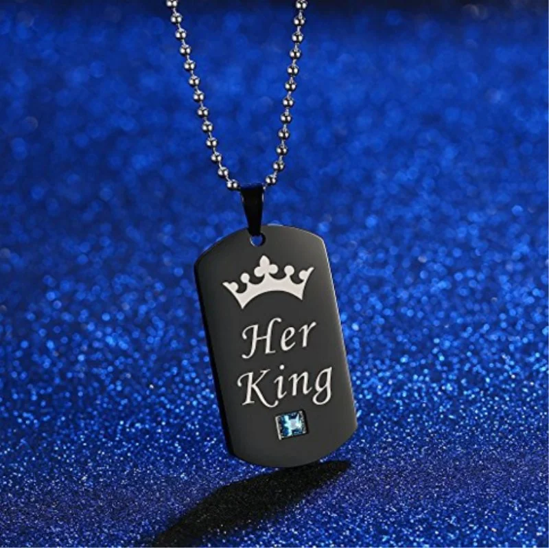 Valentine's Day KING QUEEN Titanium Steel Couple Crown Crystal Diamond Pendant