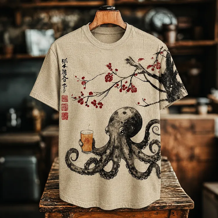 Men's Retro Octopus Japanese Art Print T-shirt