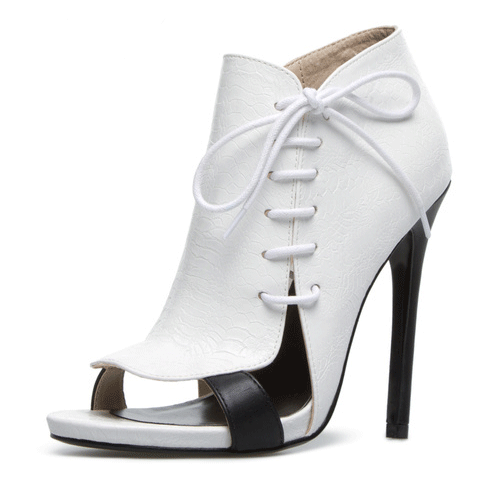 White 5 Inch Heels Side Lace-Up Open Toe Stiletto Heel Ankle Boots |FSJ Shoes