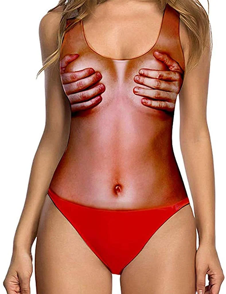 Women's One Piece Swimsuits Sexy High Cut 3D Print Funny Bathing Suit Monokini Swimwear Beachwear
