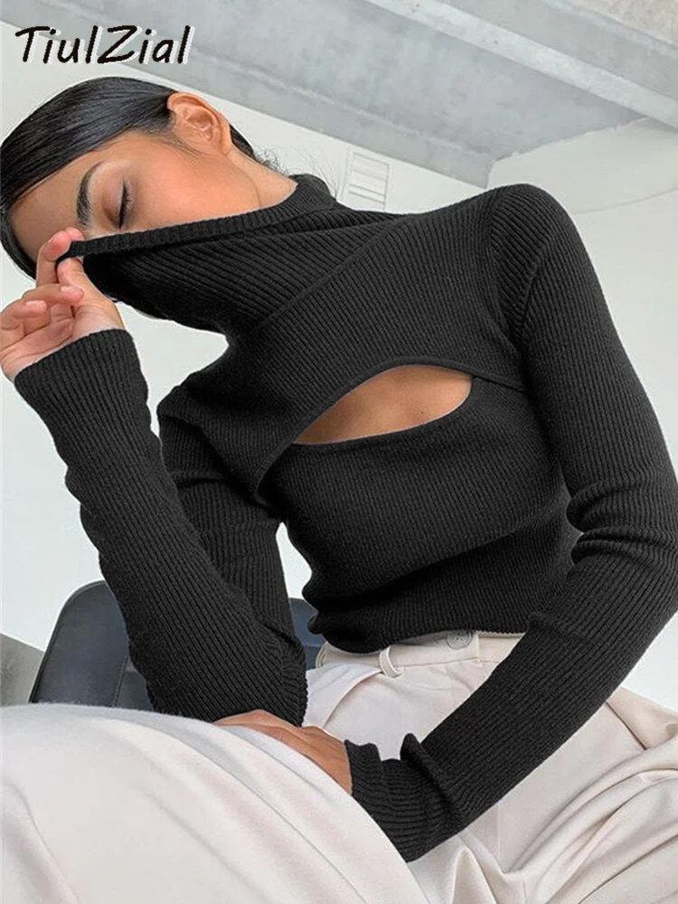 Ribbed Knitted Turtleneck Long Sleeve Top Hollow Out White Sexy Club T Shirt Women Slim Skinny Tee Lady Clothing 2022
