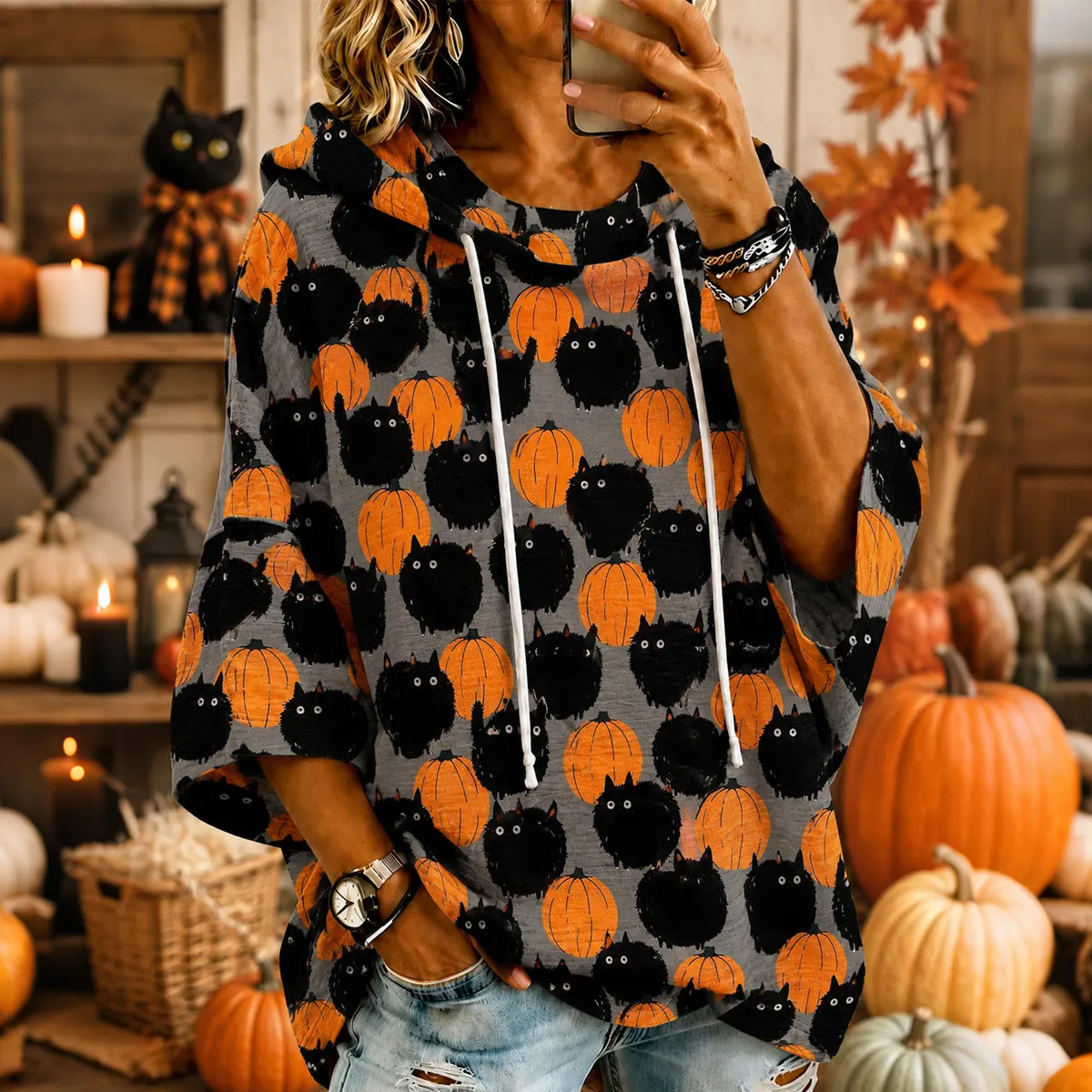 Comstylish Women's Cute Fall Pumpkin And Black Cats Print Half-sleeve Hoodie