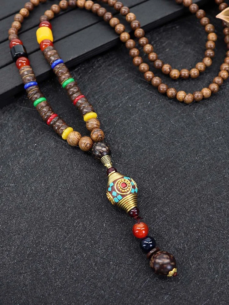 Ethnic Style Beaded Long Pendant Necklace