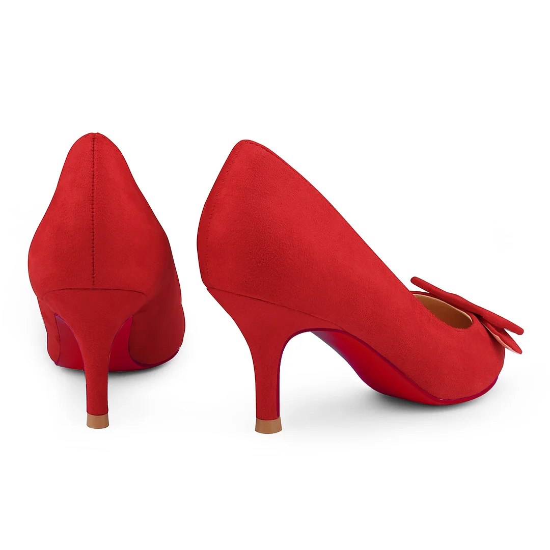 60mm Pointed Toe Square Buckle Decoration Red Bottom Kitten Heels Daily Pumps for Women Suede-MERUMOTE