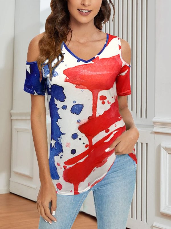 Women Short Sleeve Scoop Neck Cold Shoulder Graphic Tops