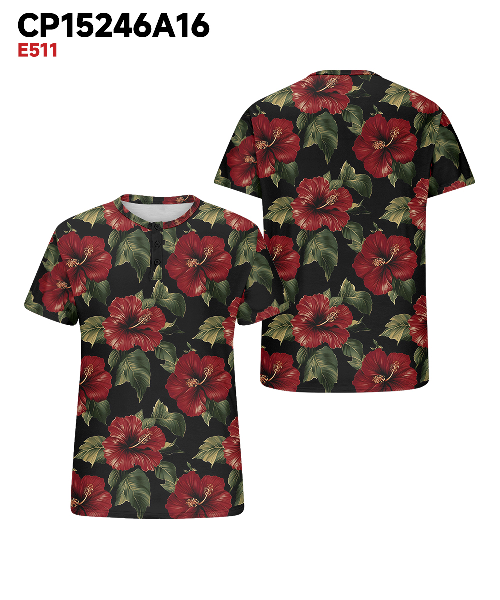 Men's Plus Size Hawaiian Red Floral Print Henry Collar Button Short Sleeve Tee