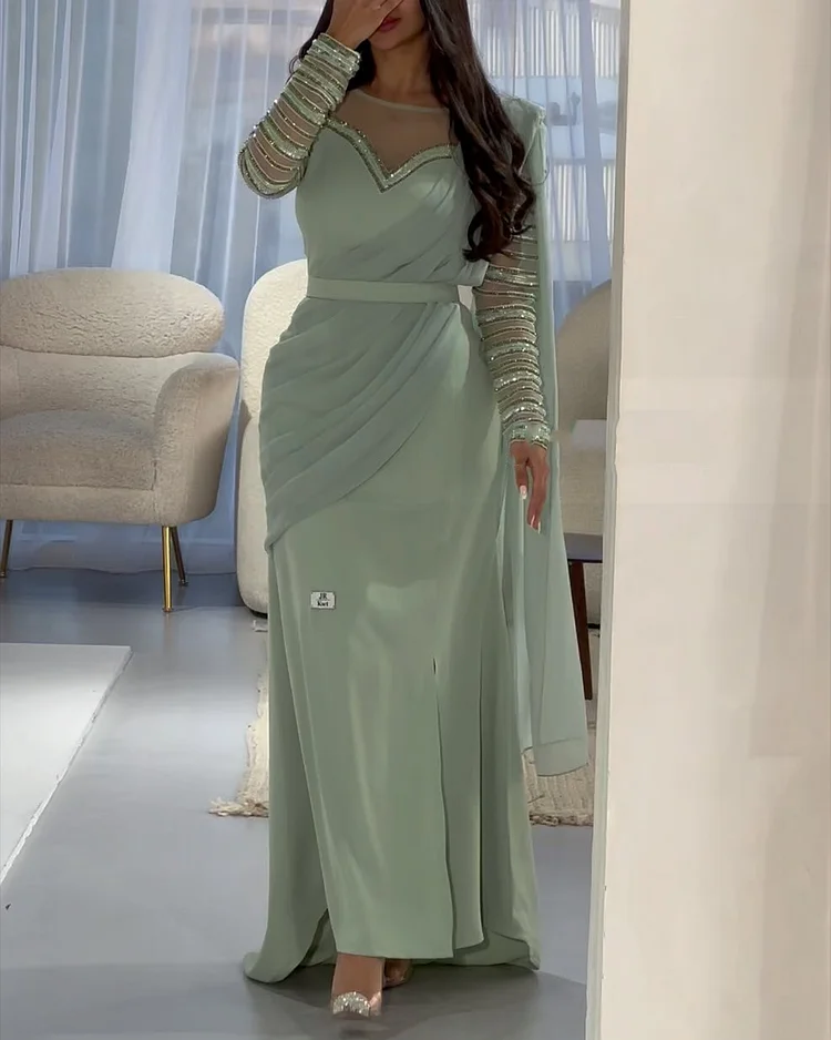 Women's Round Neck Long Sleeve Mesh Sequin Dress