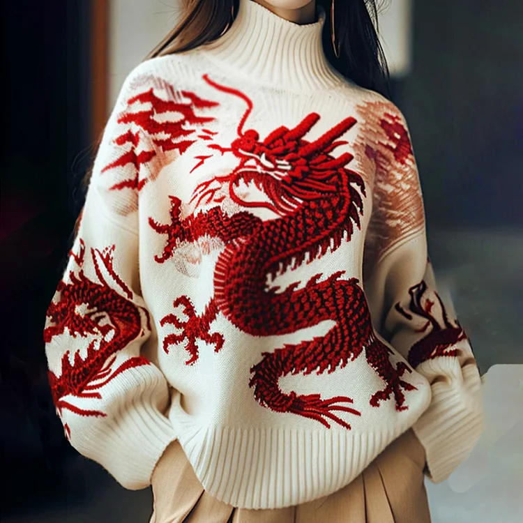 Women's Dragon Art High Neck Cozy Sweater