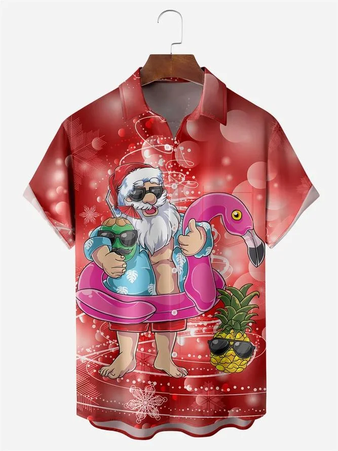 Men's Christmas Santa Flamingo Art Pattern Casual Print Shirt