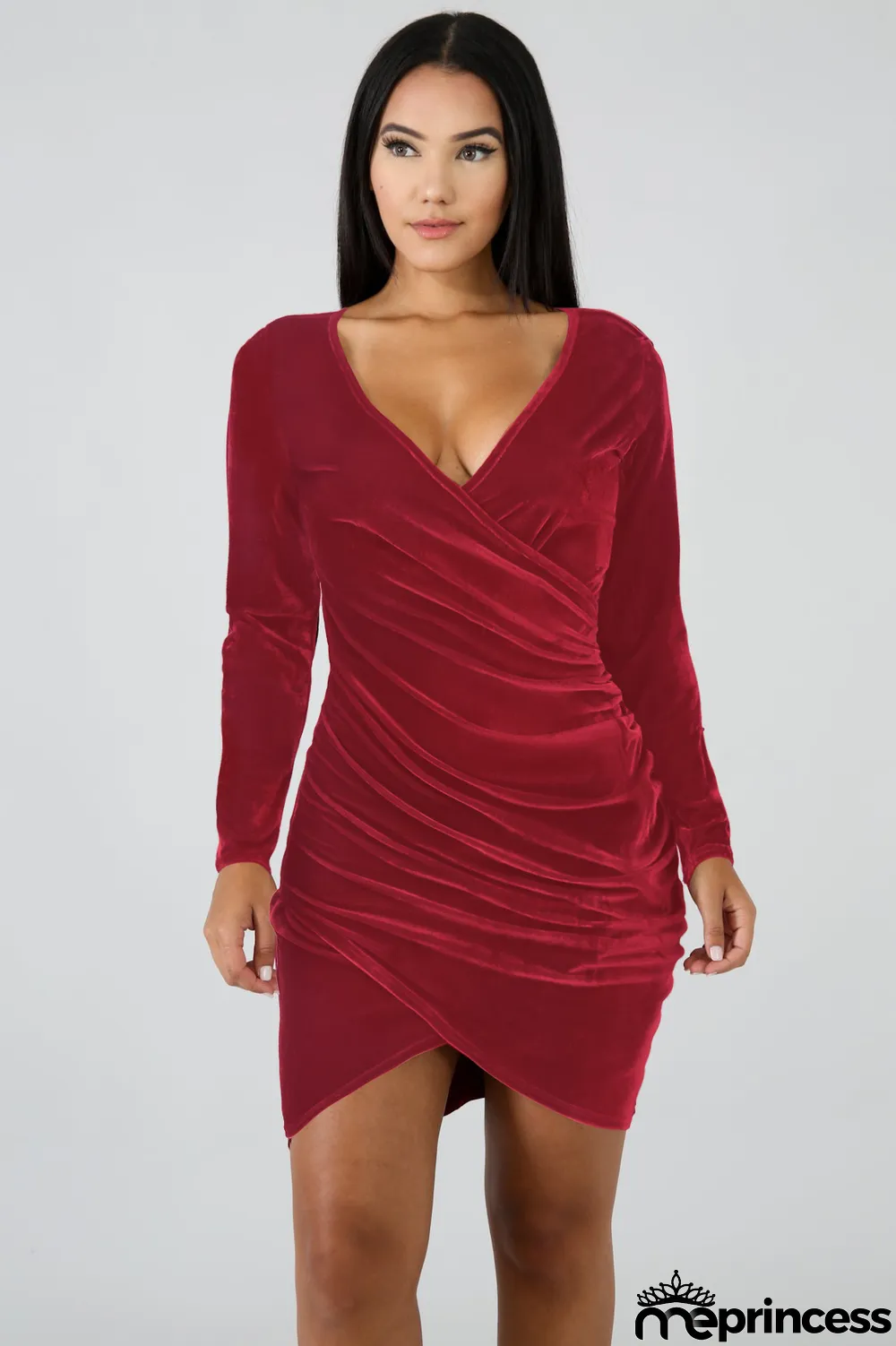 Sexy Velvet V Neck Long Sleeve Mini Dress