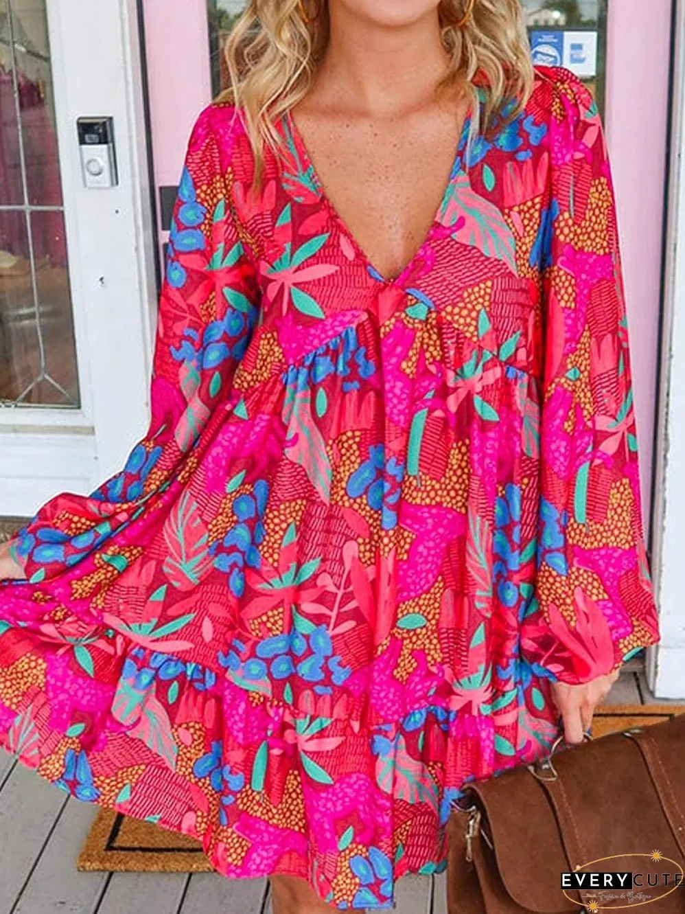 Rose Blossom V Neck Bubble Sleeve Ruffle Detail Mini Dress