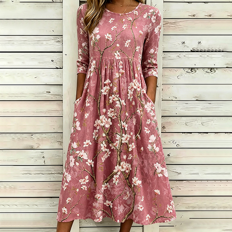 Comstylish Women's Vintage Floral Art Print Linen Dress