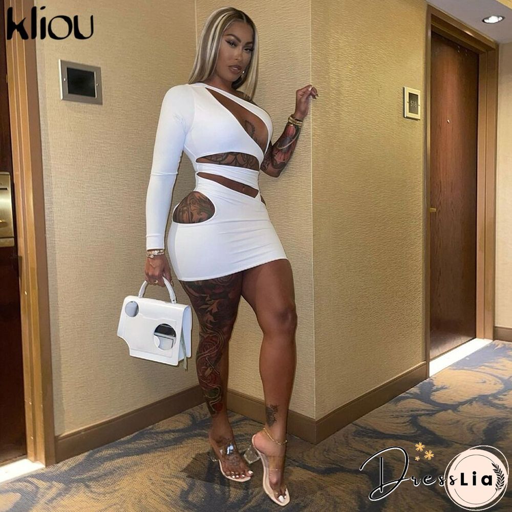 Kliou Sexy Charming Mini Dress Women Sheath Cut Off Hollow Out Cleavage Single Side Long Sleeve Diagonal Collar Party Clubwear