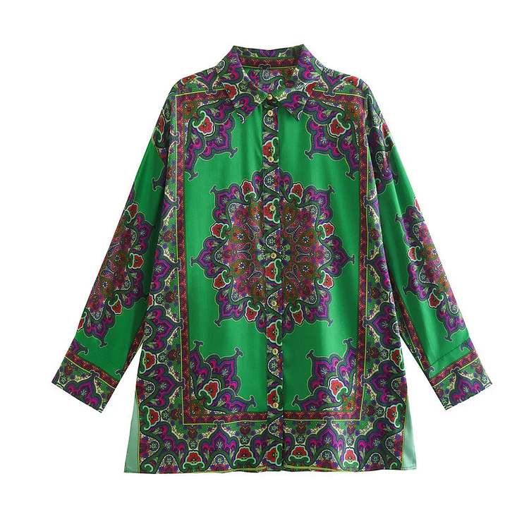 Flaxmaker Casual Retro Printed Green Two Piece Set