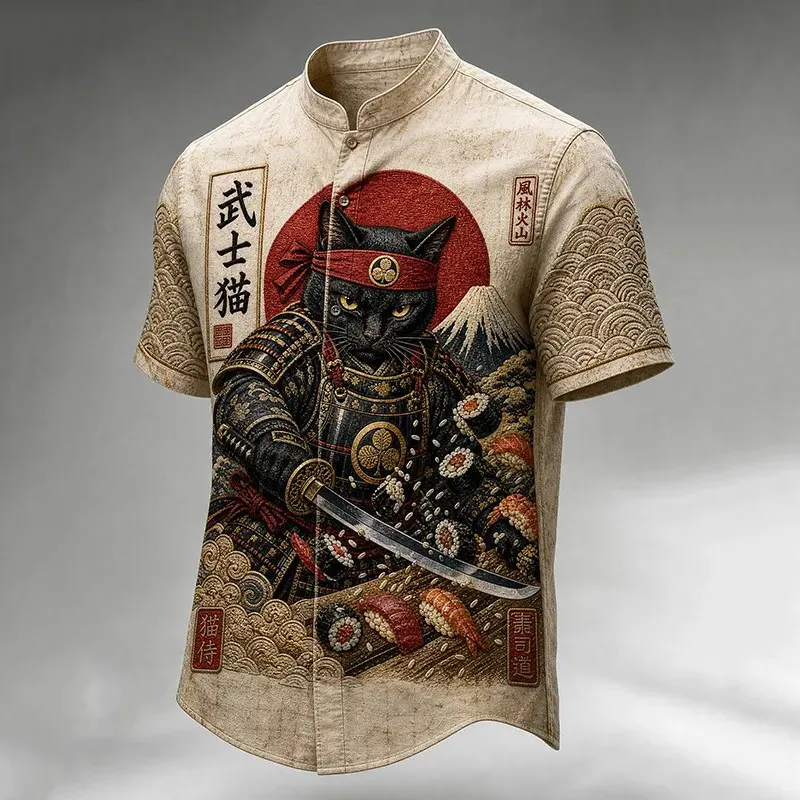Men's Japanese Samurai Cat And Red Sun Art Casual Linen Shirt  artssus