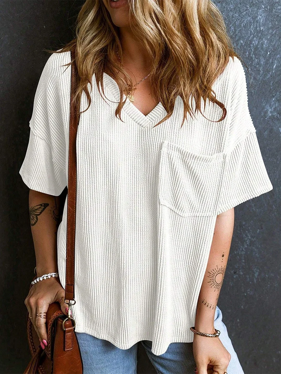 Women's Short Sleeve V-neck Soild Tops