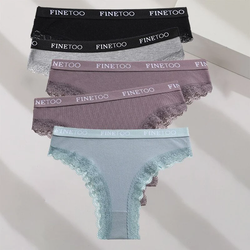 FINETOO 5PCS/Set M-XXL Cotton Panties Women's Letter Thong  Girls Brazilian Panty Sexy Lace Underwear For Woman Lingerie Bikini