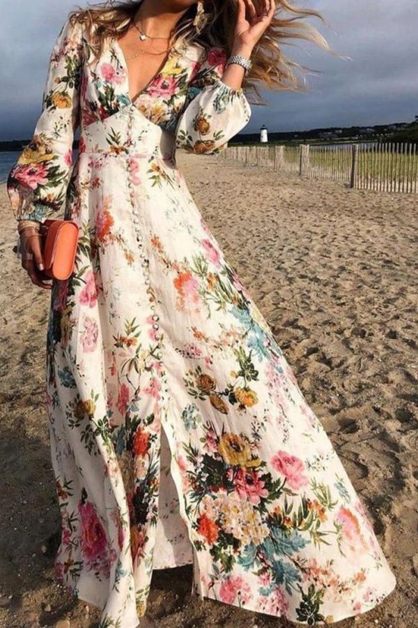 Floral Print Deep V-neck Long-sleeve Casual Dress