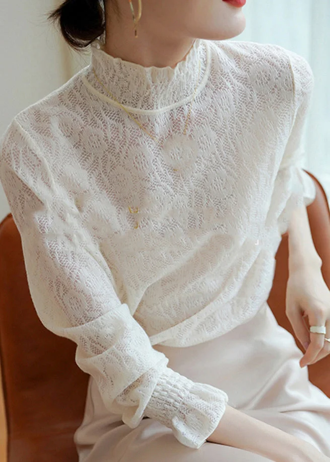 Italian White Hign Neck Ruffled Jacquard Cashmere Sweater Fall