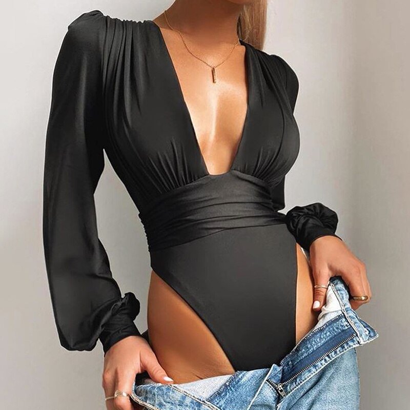 Zingj Black Deep V Neck Bodysuit Women Sexy Puff Sleeve Bodycon Jumpsuit Solid Elastic Casual Party Summer Bodysuits Body Top