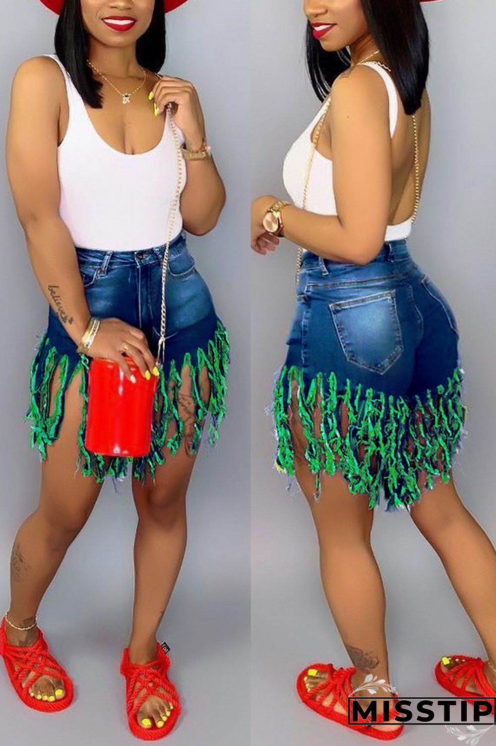 Green Red Green Yellow Royal blue Tassel Design Denim
