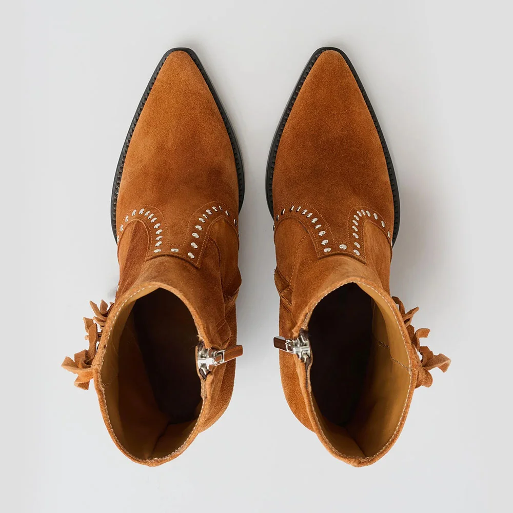 Pointed Toe High Heeled Studded Fringe Short Booties in Brown