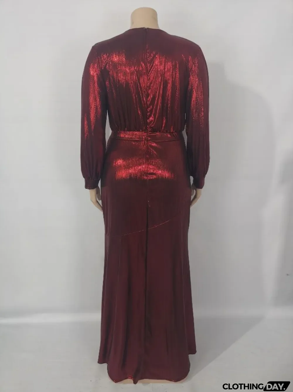 Autumn Plus Size Red Shiny V-neck Puff Sleeve Evening Gown