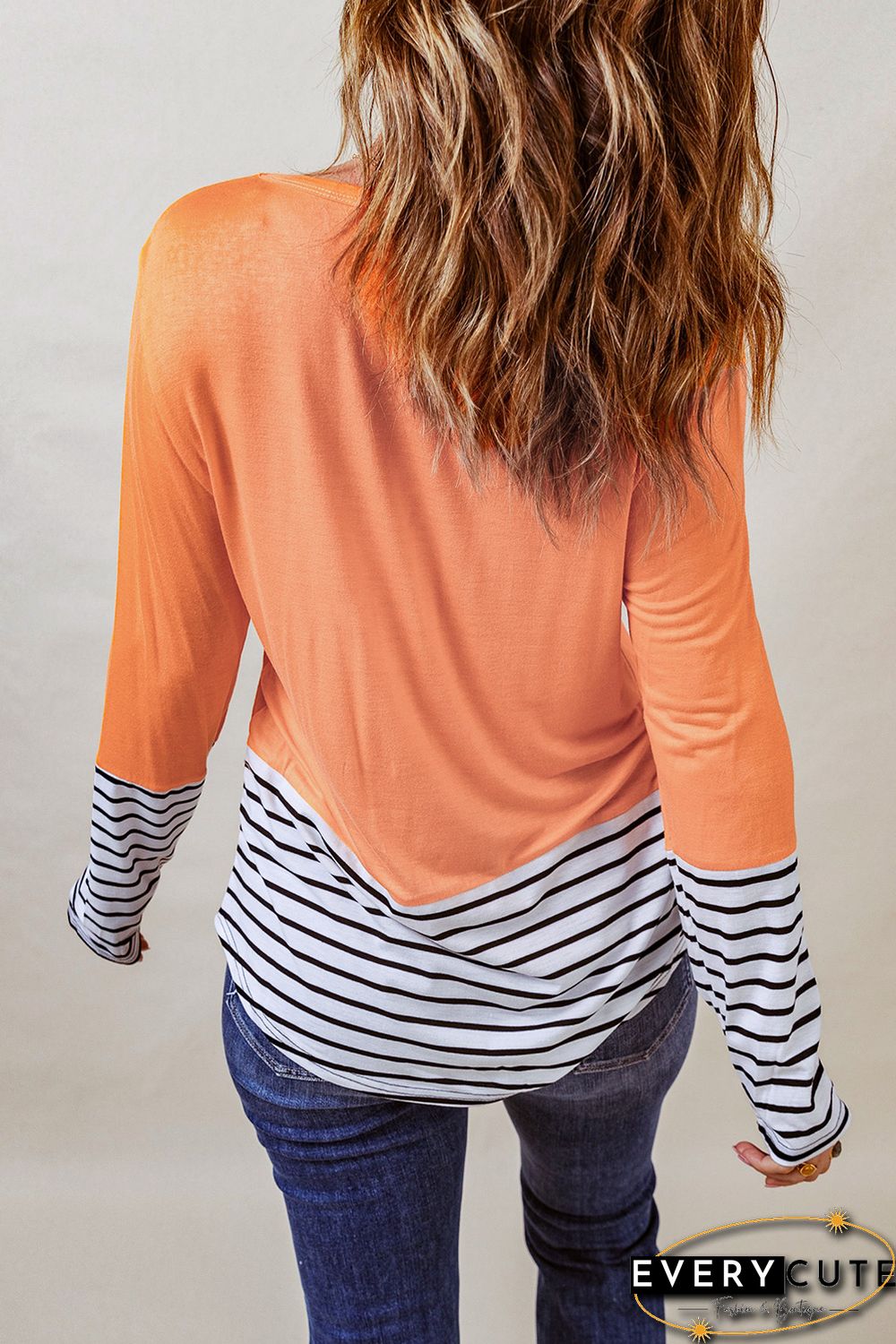 Orange Rhinestone Beading Striped Patchwork Long Sleeve Top