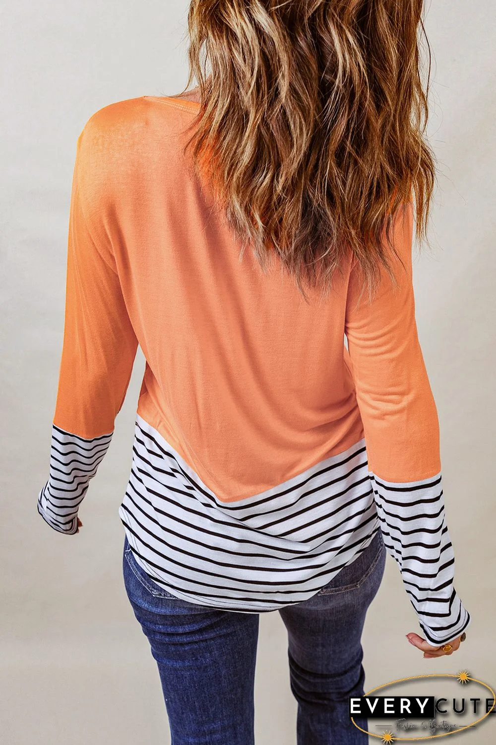 Orange Rhinestone Beading Striped Patchwork Long Sleeve Top