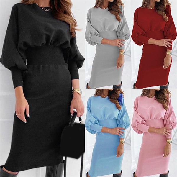 Elegant Ladies Collect Waist Bubble Sleeve Midi Dress Solid Color Package Hip Autumn Winter Dress Vestidos - Shop Trendy Women's Clothing | LoverChic