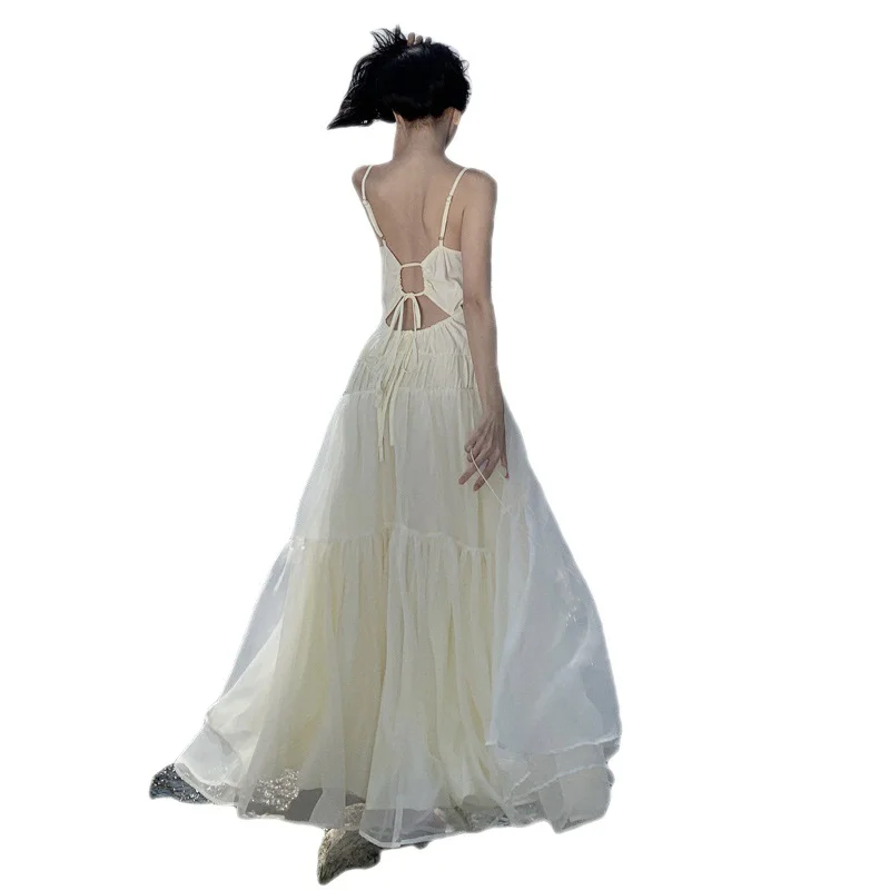 Churchf Churchf French Heavy Industry Dress With Pure Color Butterfly Sling Dress Two Color Female Sanya Vacation Dress