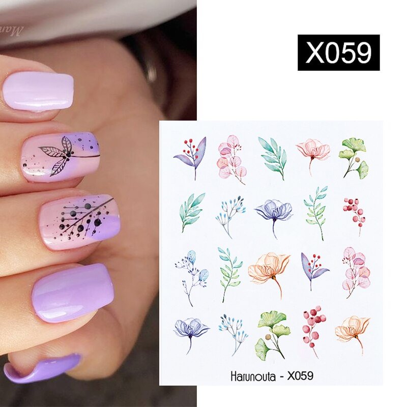 Harunouta Geometric Lines Flower Leaf Water Decals Spring Summer Fruit Floral Butterfly Stickers Paper For Nails DIY Decoration