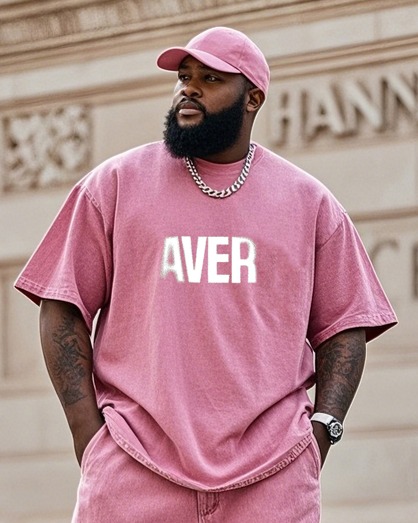 Plus Size Men's Creative English Printed Pink Denim Short Sleeve T-shirt