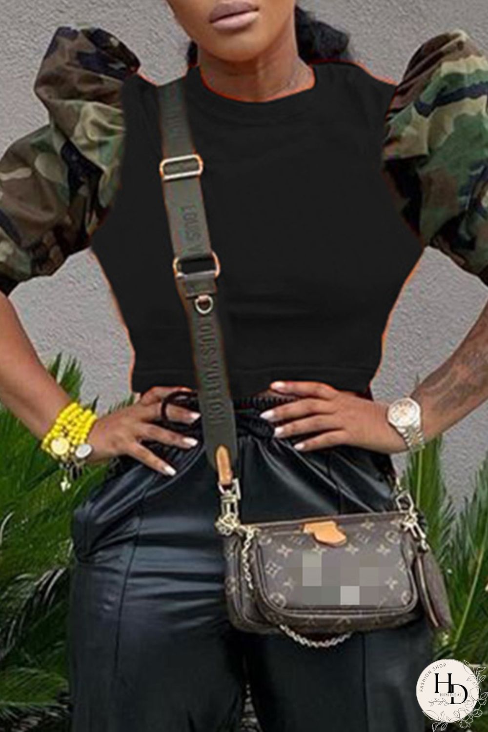 Black Fashion Casual Camouflage Print Patchwork O Neck Tops