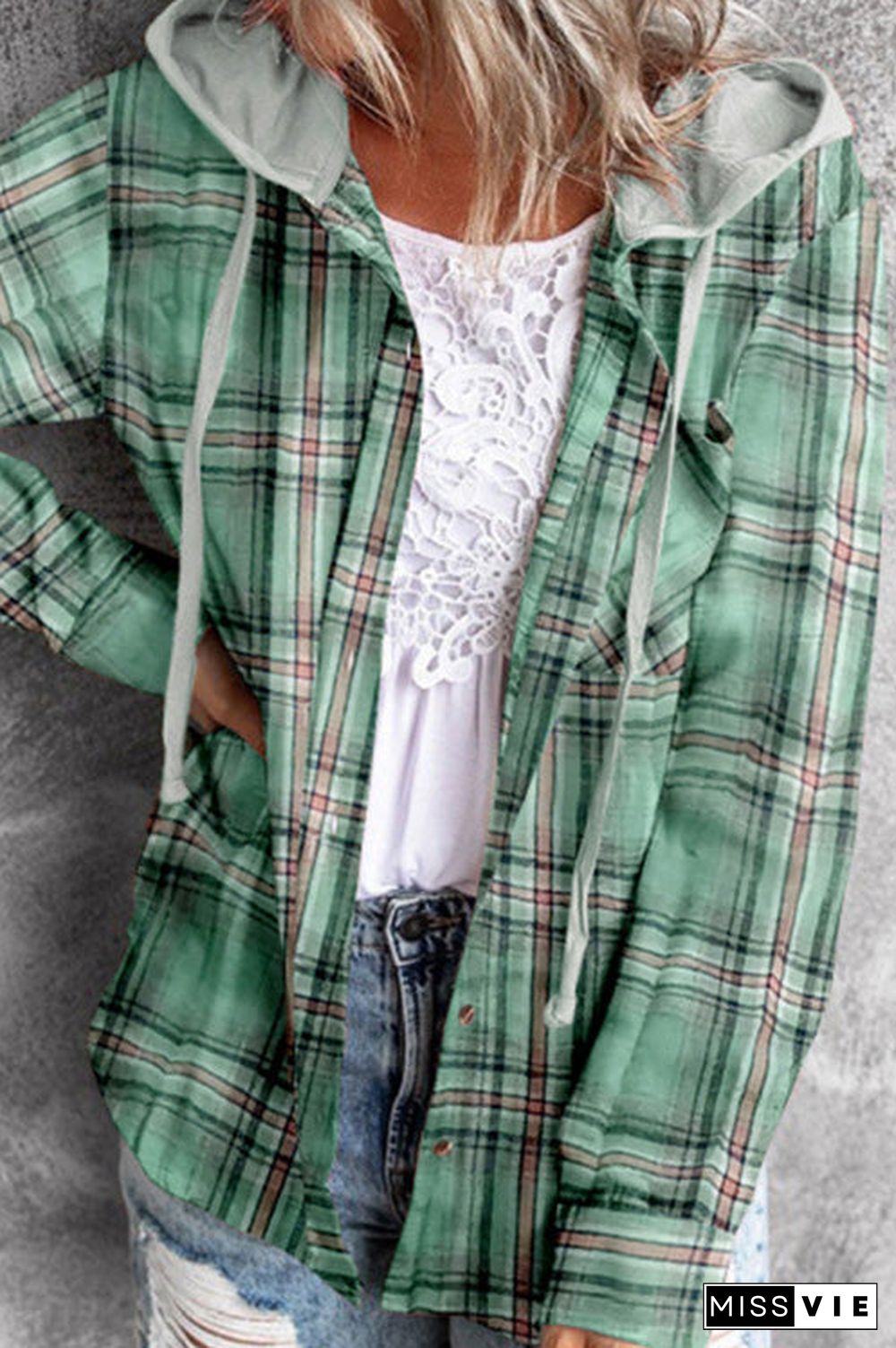 Flannel Plaid Button Down Hoodie Top
