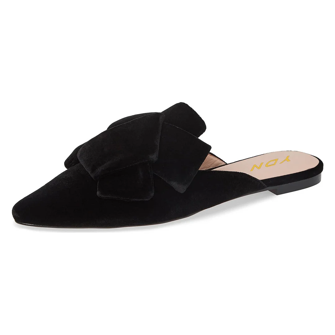 Women's Black Velvet Knot Accent Pointed Toe Flat Mules Shoes